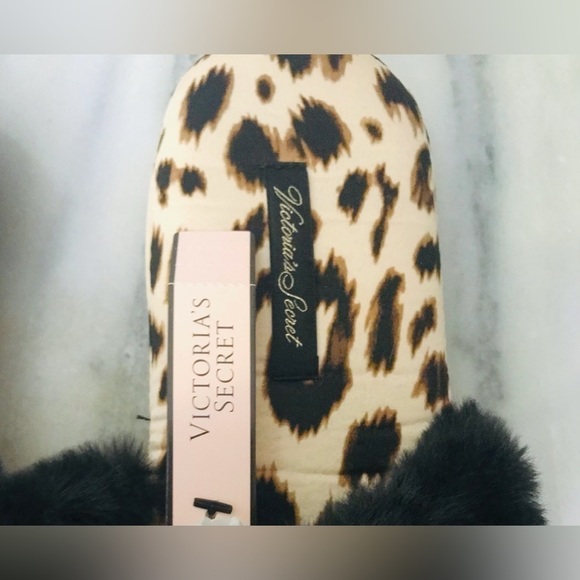 Victoria’s Secret Leopard Black Fur Trim Bedroom Slippers Slides Size L - Picture 2 of 7